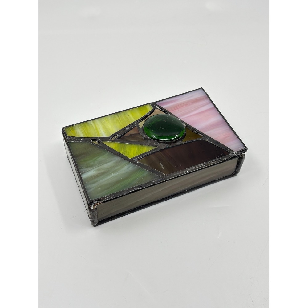 Handmade Stained Glass Trinket Box Geometric Slag Glass Green Purple Yellow
